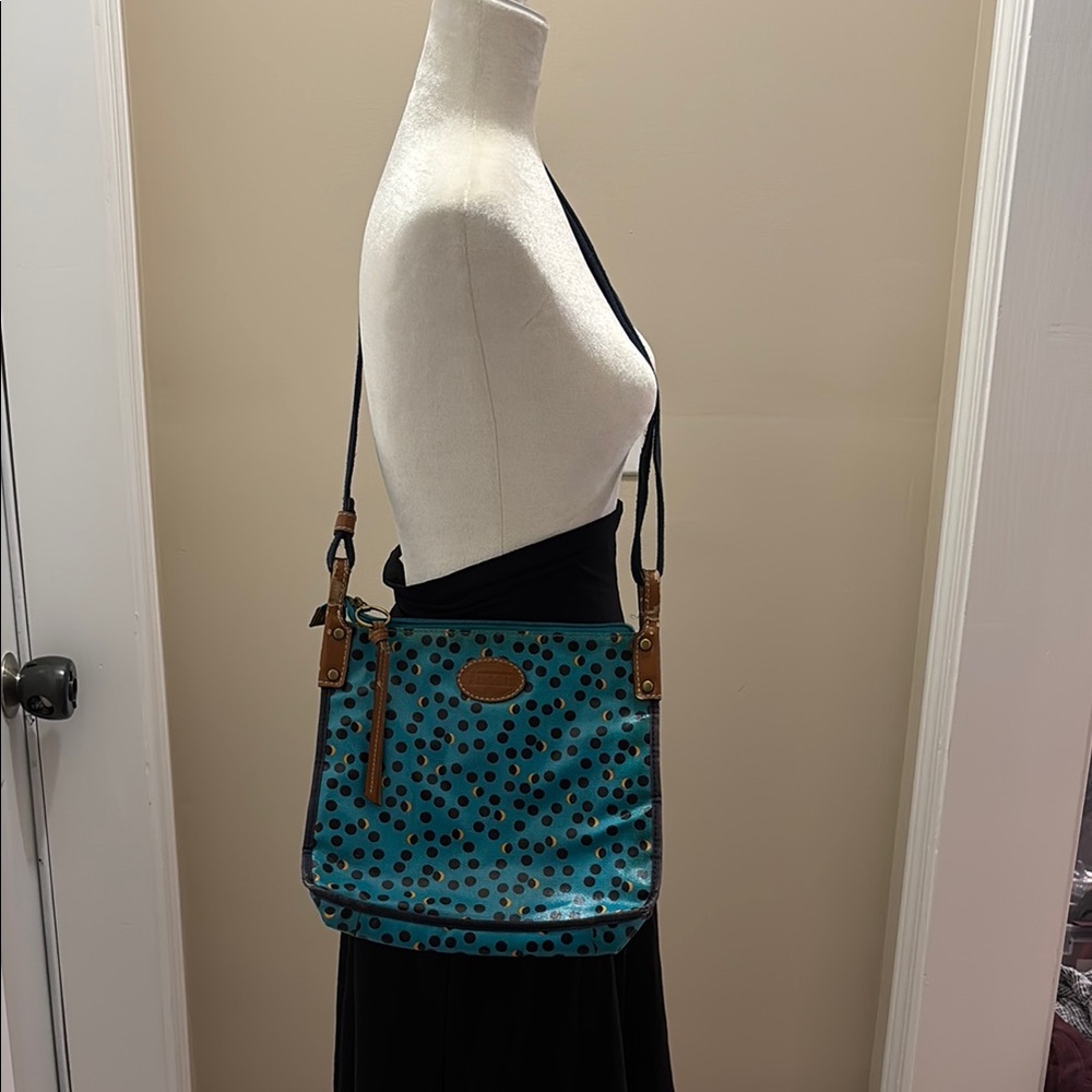 Fossil Blue and Brown Crossbody Bag with Adjustable Strap